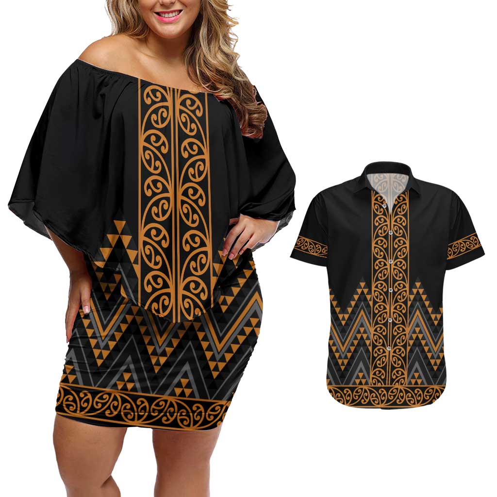 Gold Aotearoa Mangopare Kowhaiwhai and Niho Taniwha Couples Matching Off Shoulder Short Dress and Hawaiian Shirt Maori New Zealand LT14 Gold - Polynesian Pride