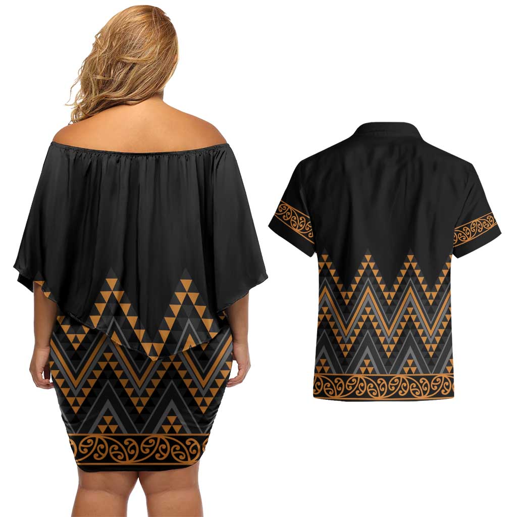 Gold Aotearoa Mangopare Kowhaiwhai and Niho Taniwha Couples Matching Off Shoulder Short Dress and Hawaiian Shirt Maori New Zealand LT14 - Polynesian Pride