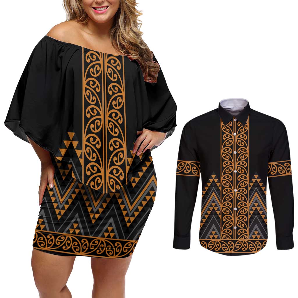 Gold Aotearoa Mangopare Kowhaiwhai and Niho Taniwha Couples Matching Off Shoulder Short Dress and Long Sleeve Button Shirt Maori New Zealand LT14 Gold - Polynesian Pride