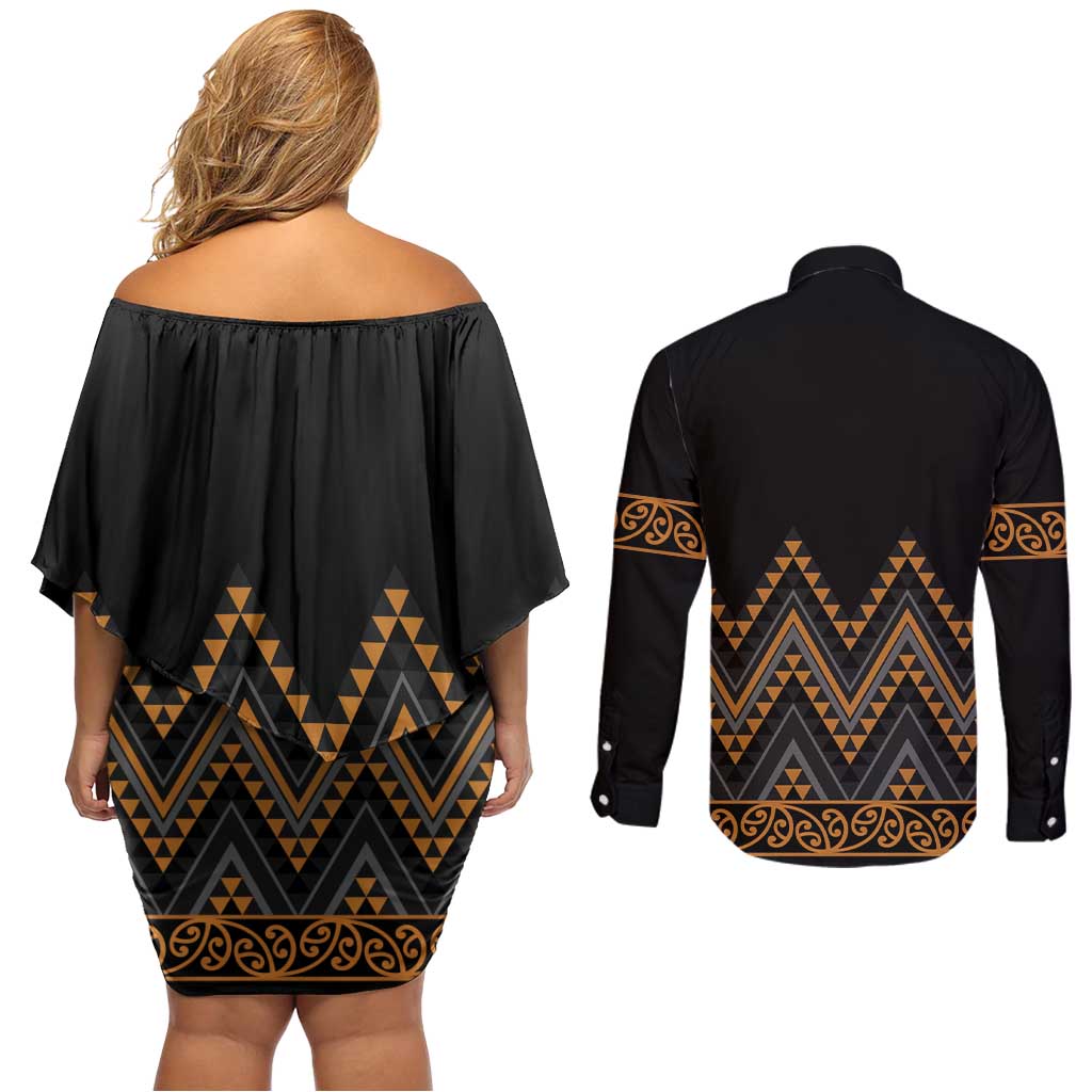 Gold Aotearoa Mangopare Kowhaiwhai and Niho Taniwha Couples Matching Off Shoulder Short Dress and Long Sleeve Button Shirt Maori New Zealand LT14 - Polynesian Pride