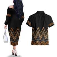 Gold Aotearoa Mangopare Kowhaiwhai and Niho Taniwha Couples Matching Off The Shoulder Long Sleeve Dress and Hawaiian Shirt Maori New Zealand LT14 - Polynesian Pride