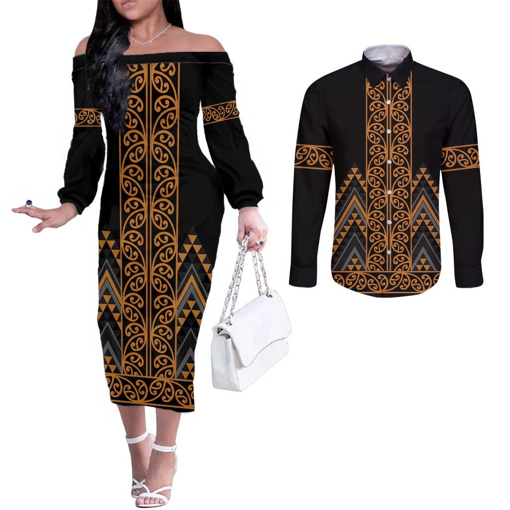 Gold Aotearoa Mangopare Kowhaiwhai and Niho Taniwha Couples Matching Off The Shoulder Long Sleeve Dress and Long Sleeve Button Shirt Maori New Zealand LT14 Gold - Polynesian Pride
