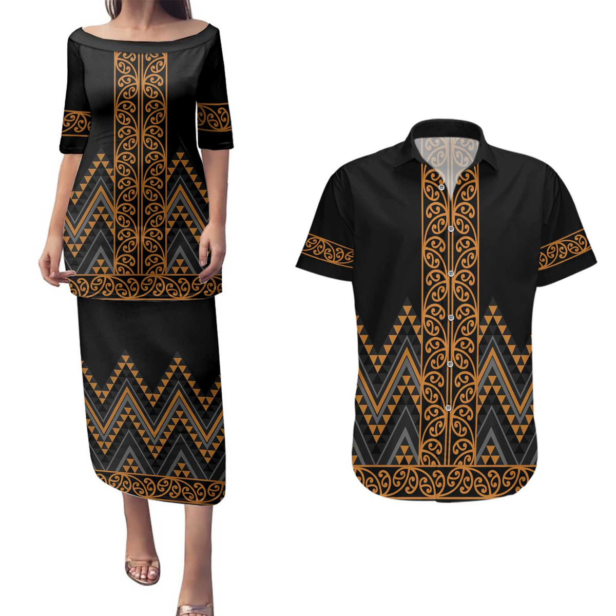Gold Aotearoa Mangopare Kowhaiwhai and Niho Taniwha Couples Matching Puletasi and Hawaiian Shirt Maori New Zealand LT14 Gold - Polynesian Pride