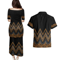 Gold Aotearoa Mangopare Kowhaiwhai and Niho Taniwha Couples Matching Puletasi and Hawaiian Shirt Maori New Zealand LT14 - Polynesian Pride
