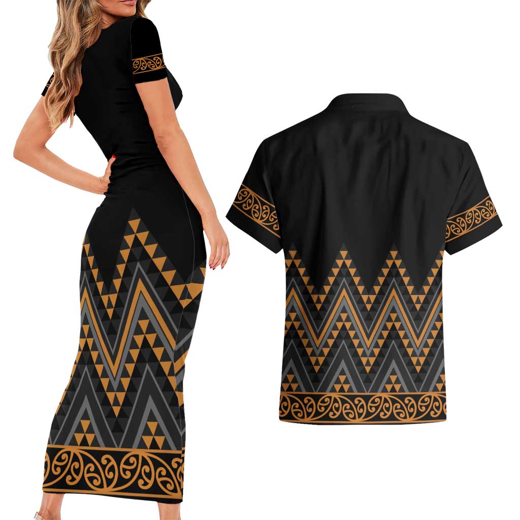Gold Aotearoa Mangopare Kowhaiwhai and Niho Taniwha Couples Matching Short Sleeve Bodycon Dress and Hawaiian Shirt Maori New Zealand LT14 - Polynesian Pride