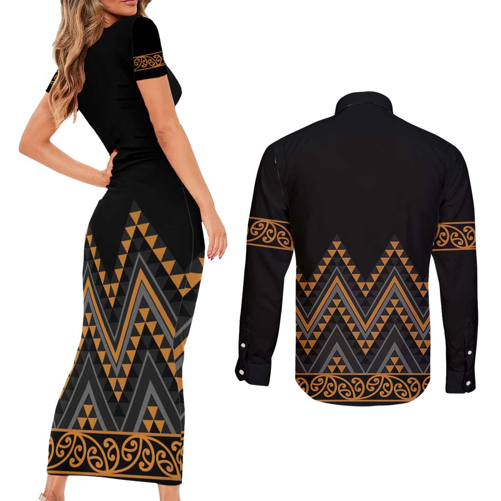 Gold Aotearoa Mangopare Kowhaiwhai and Niho Taniwha Couples Matching Short Sleeve Bodycon Dress and Long Sleeve Button Shirt Maori New Zealand LT14 - Polynesian Pride