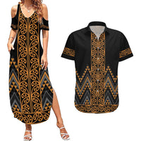 Gold Aotearoa Mangopare Kowhaiwhai and Niho Taniwha Couples Matching Summer Maxi Dress and Hawaiian Shirt Maori New Zealand LT14 Gold - Polynesian Pride