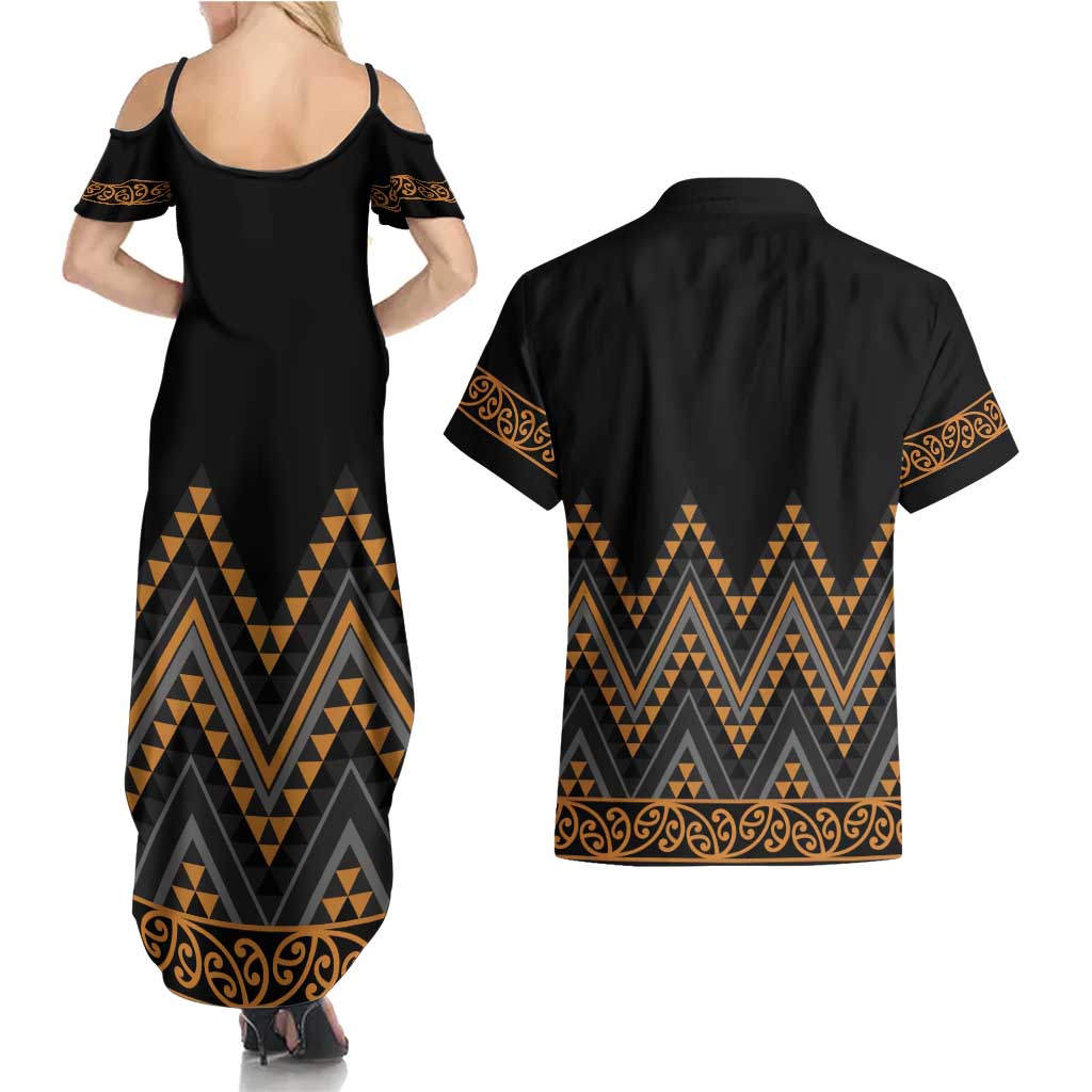 Gold Aotearoa Mangopare Kowhaiwhai and Niho Taniwha Couples Matching Summer Maxi Dress and Hawaiian Shirt Maori New Zealand LT14 - Polynesian Pride