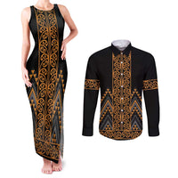 Gold Aotearoa Mangopare Kowhaiwhai and Niho Taniwha Couples Matching Tank Maxi Dress and Long Sleeve Button Shirt Maori New Zealand LT14 Gold - Polynesian Pride