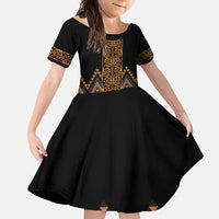 Gold Aotearoa Mangopare Kowhaiwhai and Niho Taniwha Family Matching Long Sleeve Bodycon Dress and Hawaiian Shirt Maori New Zealand LT14 Daughter's Dress Gold - Polynesian Pride