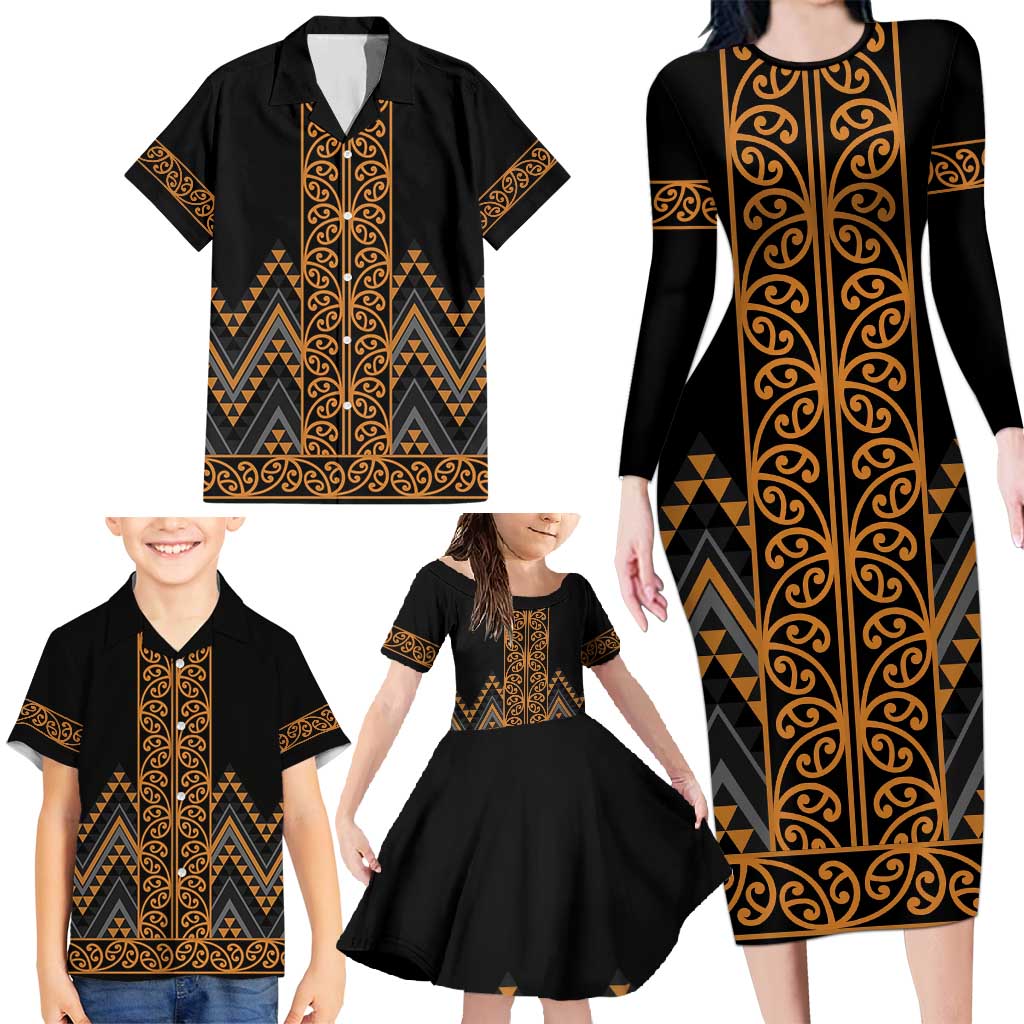 Gold Aotearoa Mangopare Kowhaiwhai and Niho Taniwha Family Matching Long Sleeve Bodycon Dress and Hawaiian Shirt Maori New Zealand LT14 - Polynesian Pride