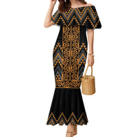 Gold Aotearoa Mangopare Kowhaiwhai and Niho Taniwha Family Matching Mermaid Dress and Hawaiian Shirt Maori New Zealand LT14 Mom's Dress Gold - Polynesian Pride
