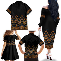 Gold Aotearoa Mangopare Kowhaiwhai and Niho Taniwha Family Matching Off The Shoulder Long Sleeve Dress and Hawaiian Shirt Maori New Zealand LT14 - Polynesian Pride