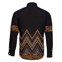 Gold Aotearoa Mangopare Kowhaiwhai and Niho Taniwha Family Matching Off The Shoulder Long Sleeve Dress and Hawaiian Shirt Maori New Zealand LT14 - Polynesian Pride