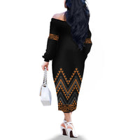 Gold Aotearoa Mangopare Kowhaiwhai and Niho Taniwha Family Matching Off The Shoulder Long Sleeve Dress and Hawaiian Shirt Maori New Zealand LT14 - Polynesian Pride
