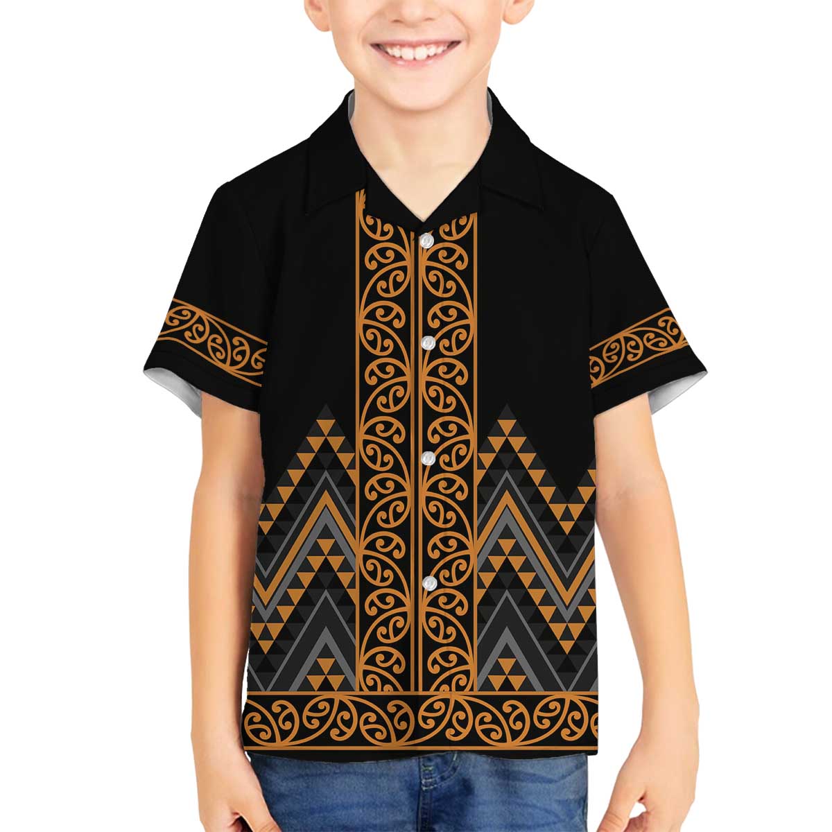 Gold Aotearoa Mangopare Kowhaiwhai and Niho Taniwha Family Matching Off The Shoulder Long Sleeve Dress and Hawaiian Shirt Maori New Zealand LT14 Son's Shirt Gold - Polynesian Pride