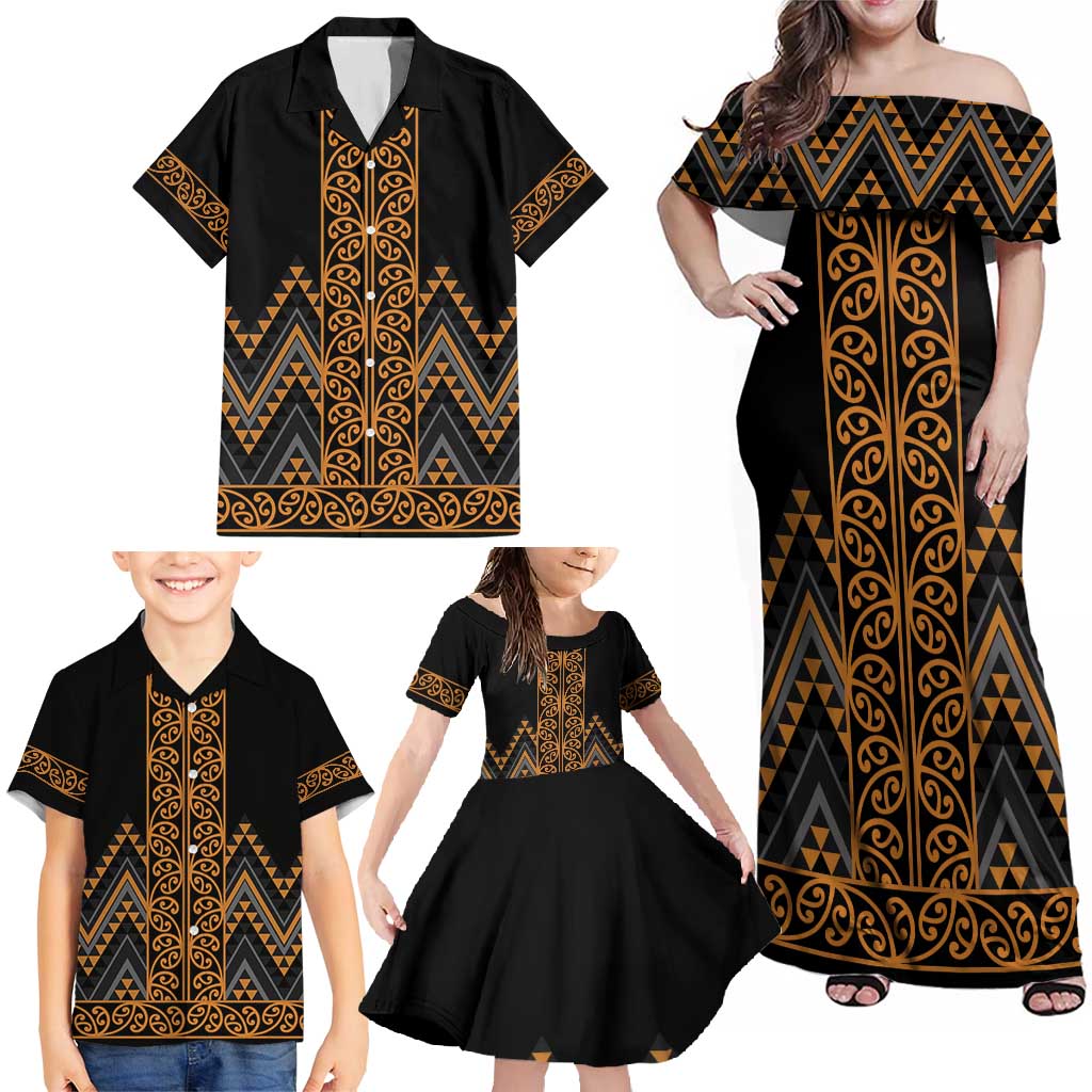Gold Aotearoa Mangopare Kowhaiwhai and Niho Taniwha Family Matching Off Shoulder Maxi Dress and Hawaiian Shirt Maori New Zealand LT14 - Polynesian Pride