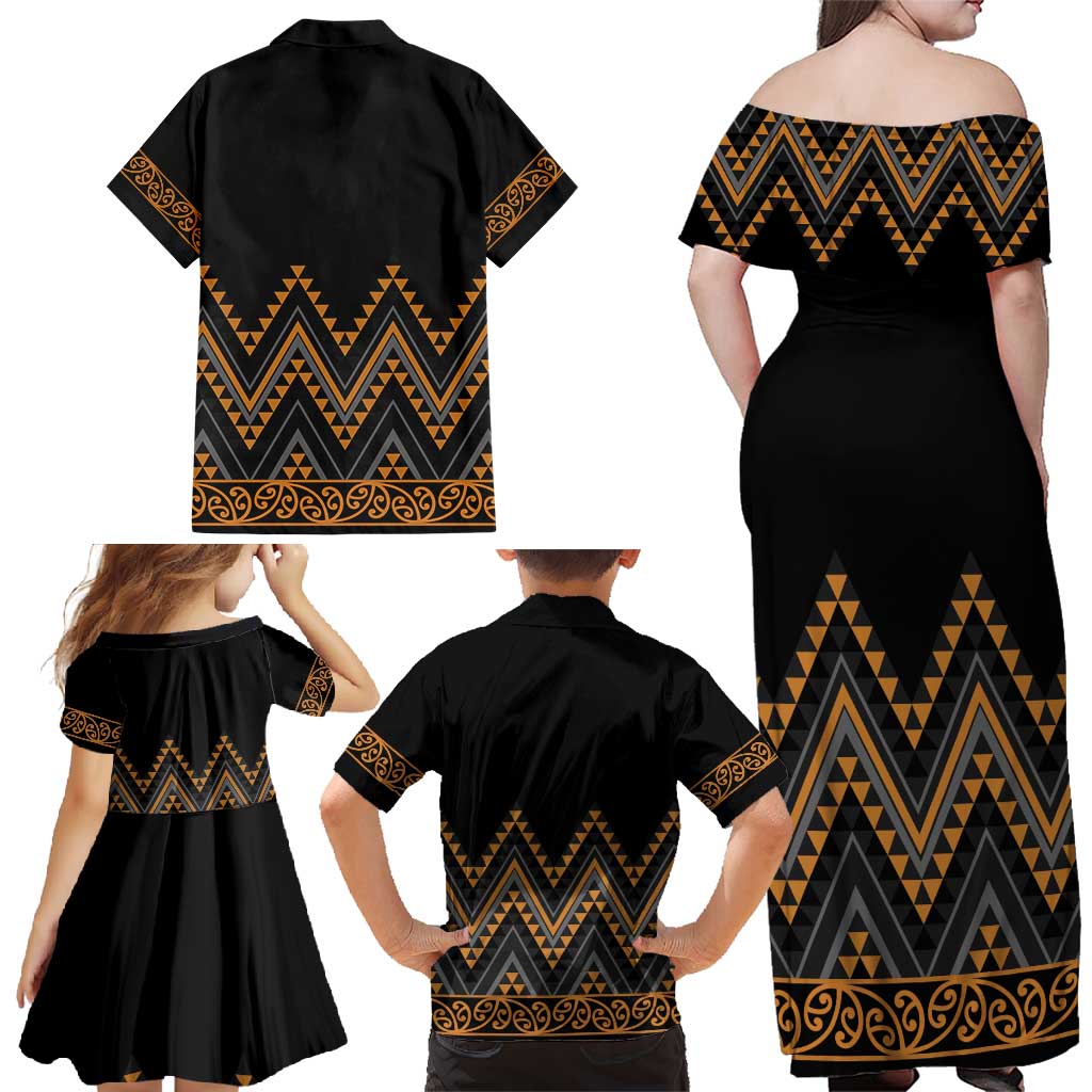 Gold Aotearoa Mangopare Kowhaiwhai and Niho Taniwha Family Matching Off Shoulder Maxi Dress and Hawaiian Shirt Maori New Zealand LT14 - Polynesian Pride