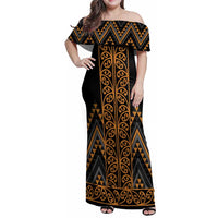 Gold Aotearoa Mangopare Kowhaiwhai and Niho Taniwha Family Matching Off Shoulder Maxi Dress and Hawaiian Shirt Maori New Zealand LT14 Mom's Dress Gold - Polynesian Pride
