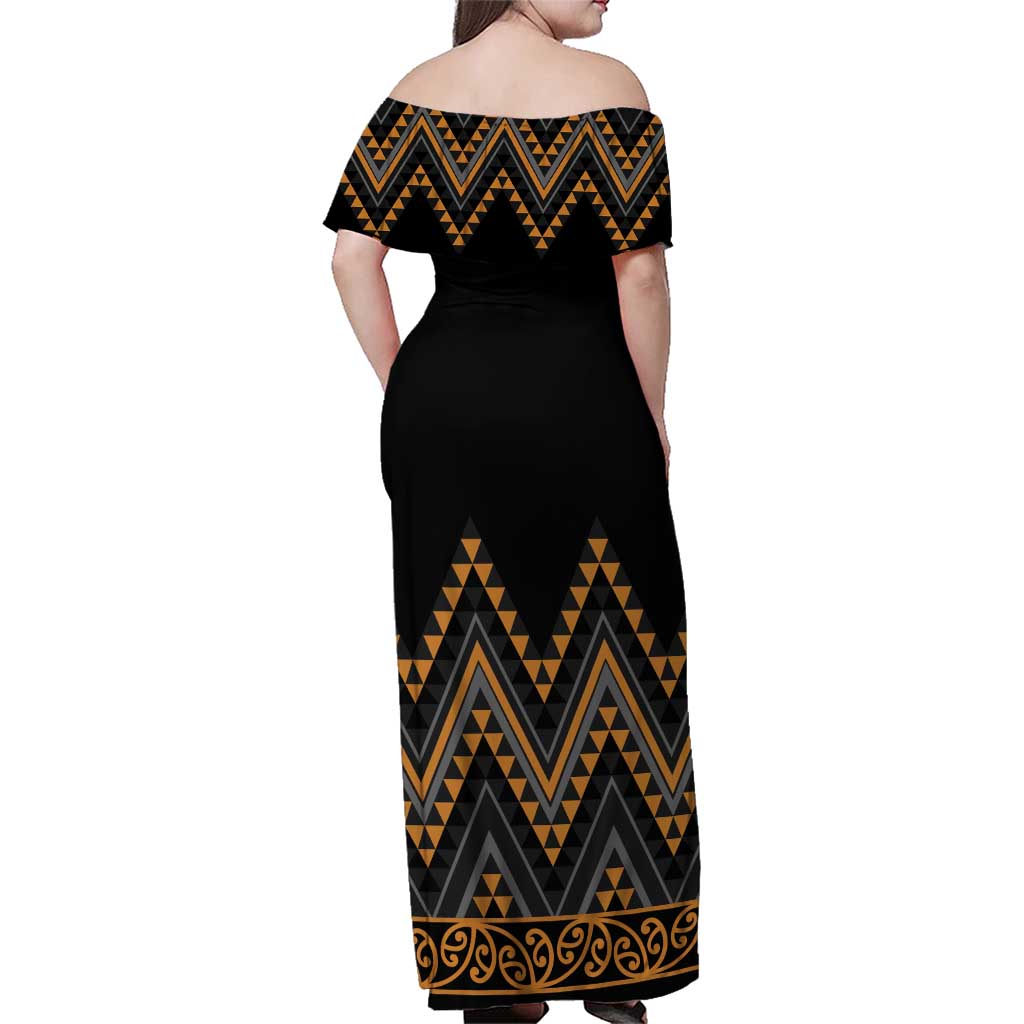 Gold Aotearoa Mangopare Kowhaiwhai and Niho Taniwha Family Matching Off Shoulder Maxi Dress and Hawaiian Shirt Maori New Zealand LT14 - Polynesian Pride