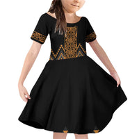 Gold Aotearoa Mangopare Kowhaiwhai and Niho Taniwha Family Matching Off Shoulder Short Dress and Hawaiian Shirt Maori New Zealand LT14 Daughter's Dress Gold - Polynesian Pride