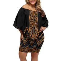 Gold Aotearoa Mangopare Kowhaiwhai and Niho Taniwha Family Matching Off Shoulder Short Dress and Hawaiian Shirt Maori New Zealand LT14 Mom's Dress Gold - Polynesian Pride