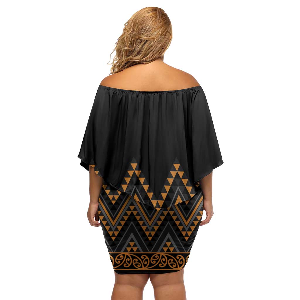 Gold Aotearoa Mangopare Kowhaiwhai and Niho Taniwha Family Matching Off Shoulder Short Dress and Hawaiian Shirt Maori New Zealand LT14 - Polynesian Pride