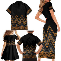 Gold Aotearoa Mangopare Kowhaiwhai and Niho Taniwha Family Matching Short Sleeve Bodycon Dress and Hawaiian Shirt Maori New Zealand LT14 - Polynesian Pride