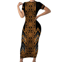 Gold Aotearoa Mangopare Kowhaiwhai and Niho Taniwha Family Matching Short Sleeve Bodycon Dress and Hawaiian Shirt Maori New Zealand LT14 Mom's Dress Gold - Polynesian Pride