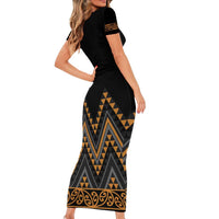 Gold Aotearoa Mangopare Kowhaiwhai and Niho Taniwha Family Matching Short Sleeve Bodycon Dress and Hawaiian Shirt Maori New Zealand LT14 - Polynesian Pride
