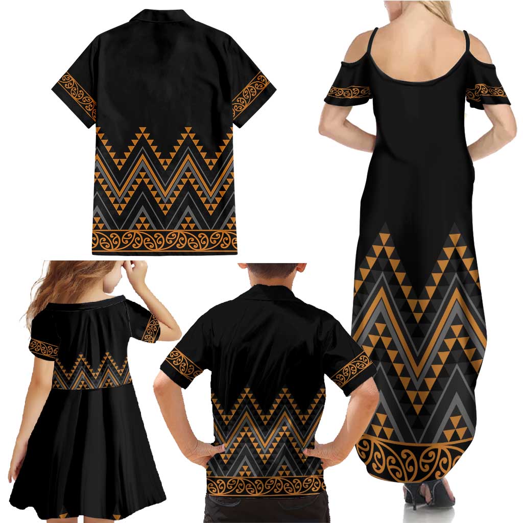 Gold Aotearoa Mangopare Kowhaiwhai and Niho Taniwha Family Matching Summer Maxi Dress and Hawaiian Shirt Maori New Zealand LT14 - Polynesian Pride