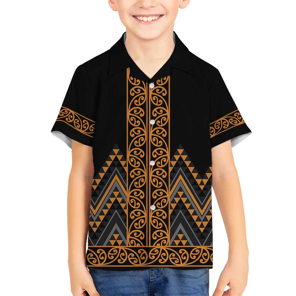Gold Aotearoa Mangopare Kowhaiwhai and Niho Taniwha Family Matching Summer Maxi Dress and Hawaiian Shirt Maori New Zealand LT14 Son's Shirt Gold - Polynesian Pride
