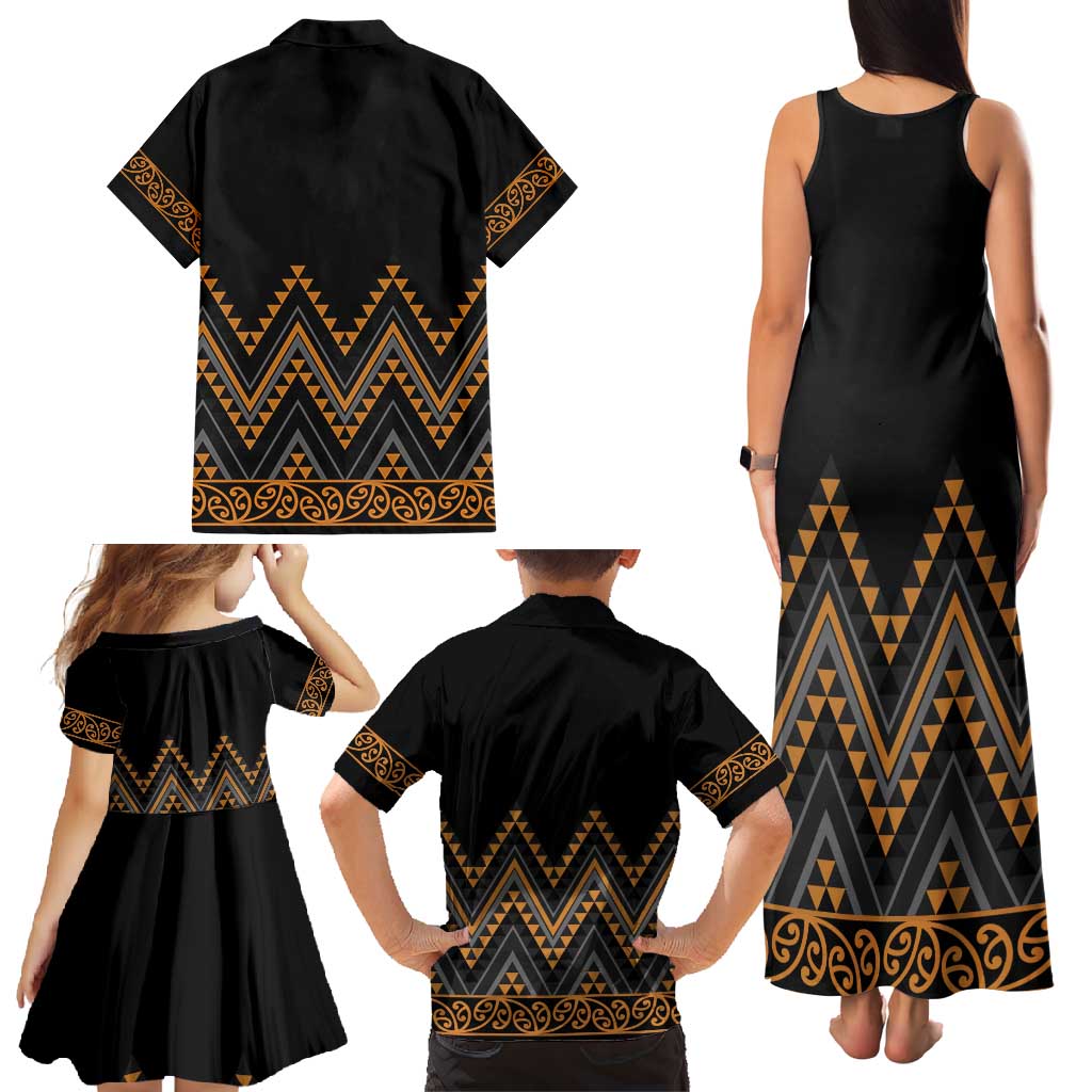 Gold Aotearoa Mangopare Kowhaiwhai and Niho Taniwha Family Matching Tank Maxi Dress and Hawaiian Shirt Maori New Zealand LT14 - Polynesian Pride