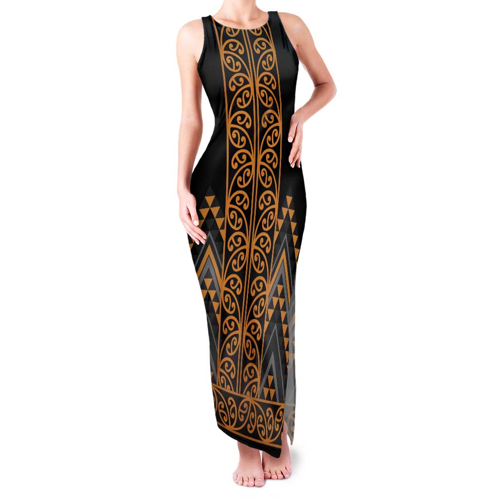 Gold Aotearoa Mangopare Kowhaiwhai and Niho Taniwha Family Matching Tank Maxi Dress and Hawaiian Shirt Maori New Zealand LT14 Mom's Dress Gold - Polynesian Pride
