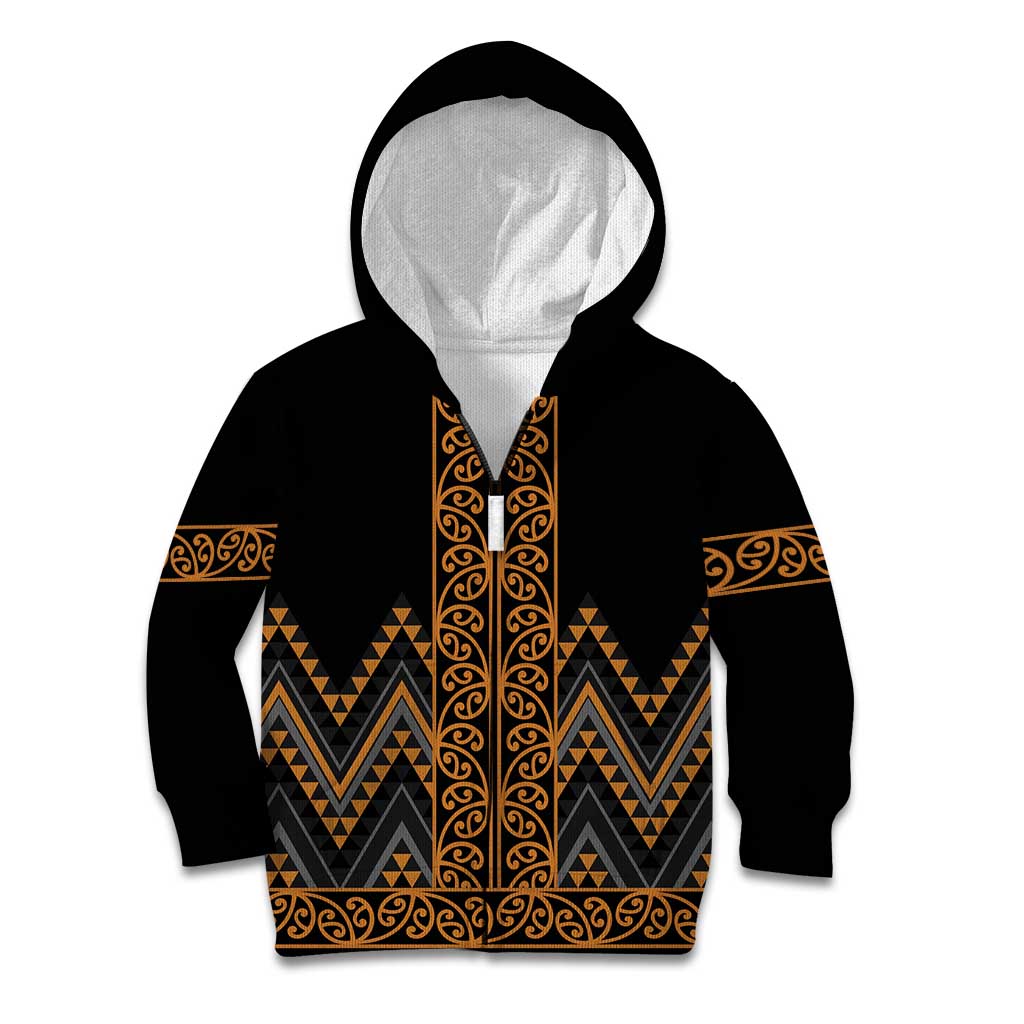 Gold Aotearoa Mangopare Kowhaiwhai and Niho Taniwha Kid Hoodie Maori New Zealand LT14 Zip Hoodie Gold - Polynesian Pride
