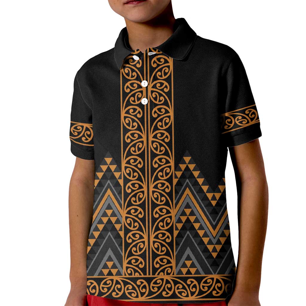 Gold Aotearoa Mangopare Kowhaiwhai and Niho Taniwha Kid Polo Shirt Maori New Zealand LT14 Kid Gold - Polynesian Pride