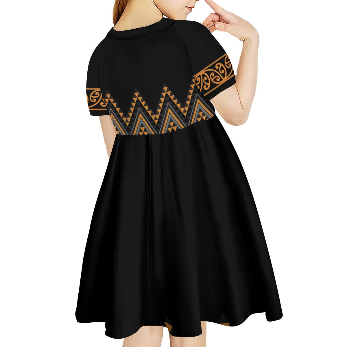 Gold Aotearoa Mangopare Kowhaiwhai and Niho Taniwha Kid Short Sleeve Dress Maori New Zealand LT14 - Polynesian Pride
