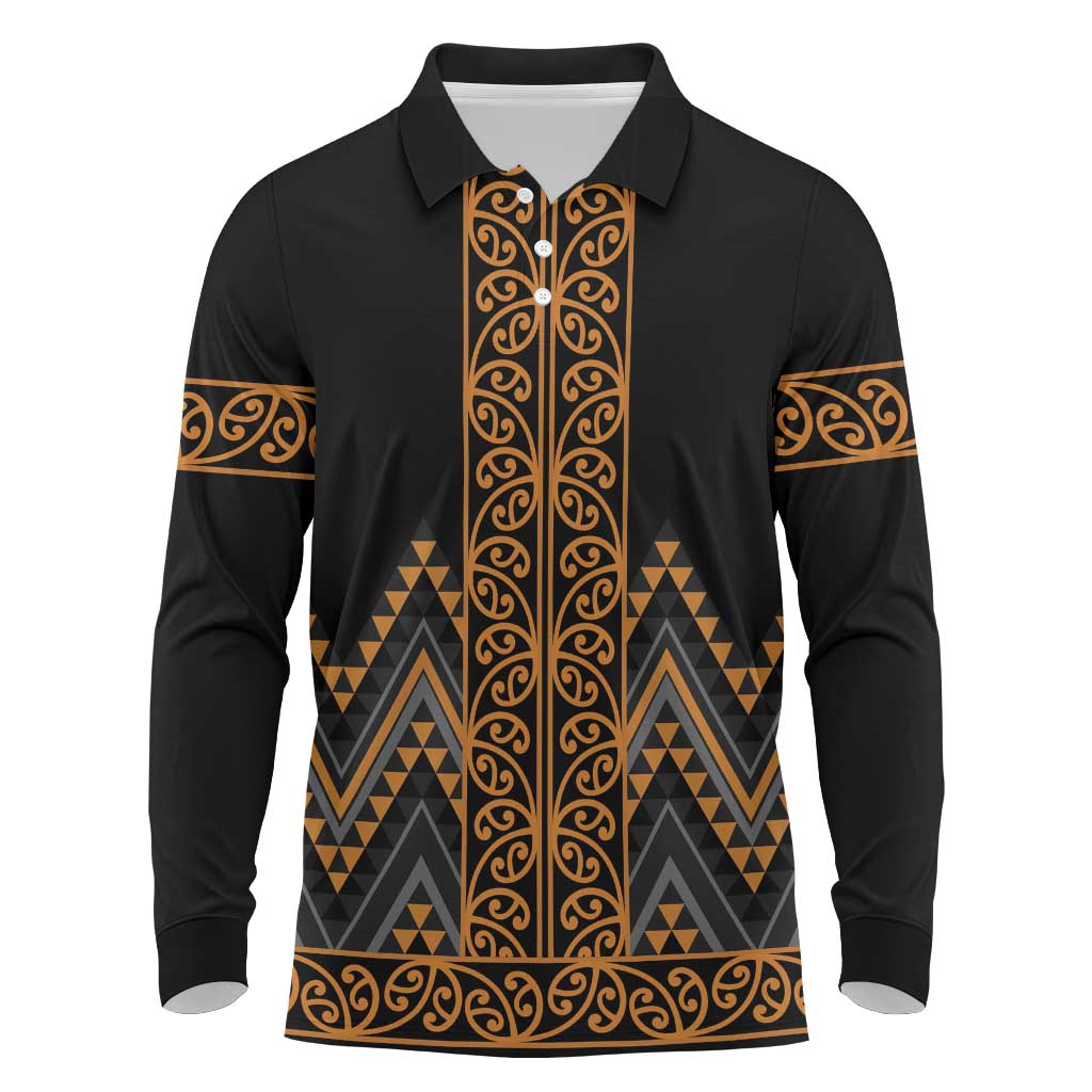 Gold Aotearoa Mangopare Kowhaiwhai and Niho Taniwha Long Sleeve Polo Shirt Maori New Zealand