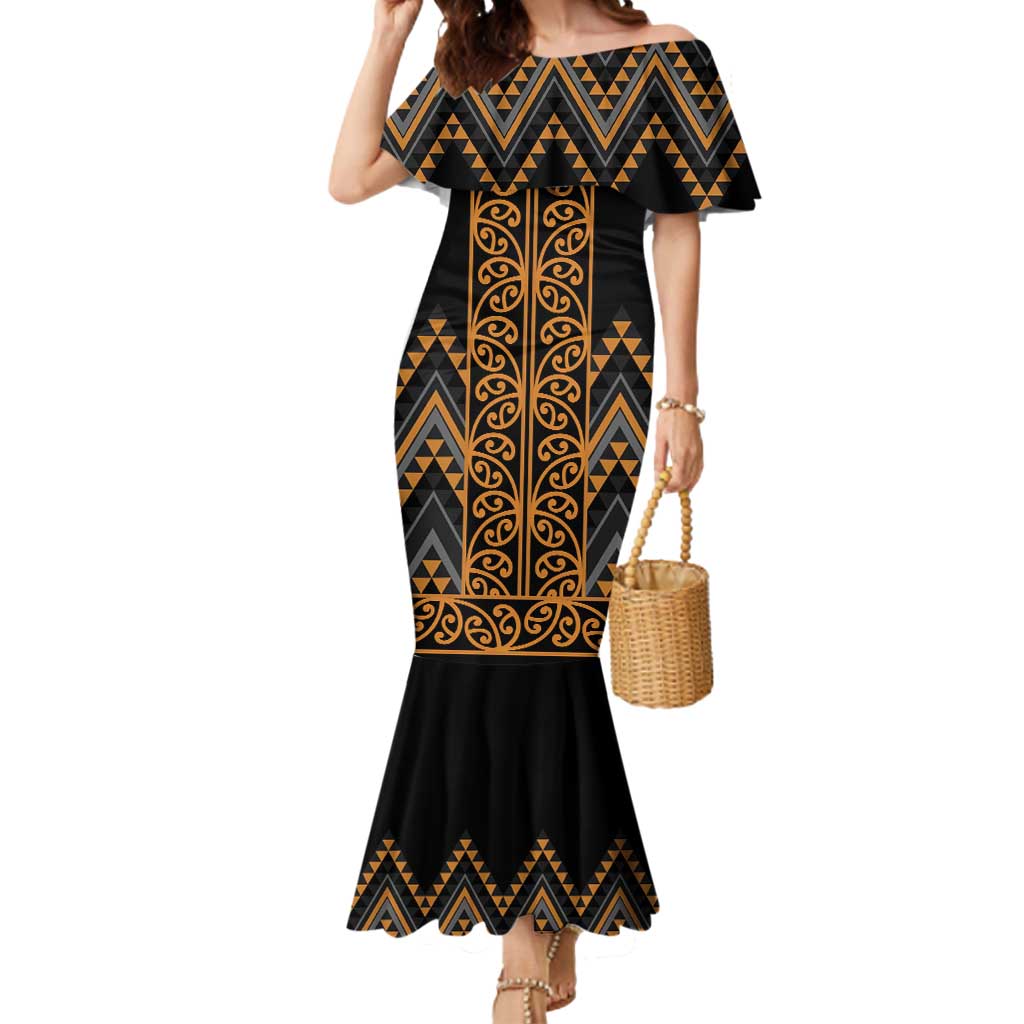Gold Aotearoa Mangopare Kowhaiwhai and Niho Taniwha Mermaid Dress Maori New Zealand LT14 Women Gold - Polynesian Pride