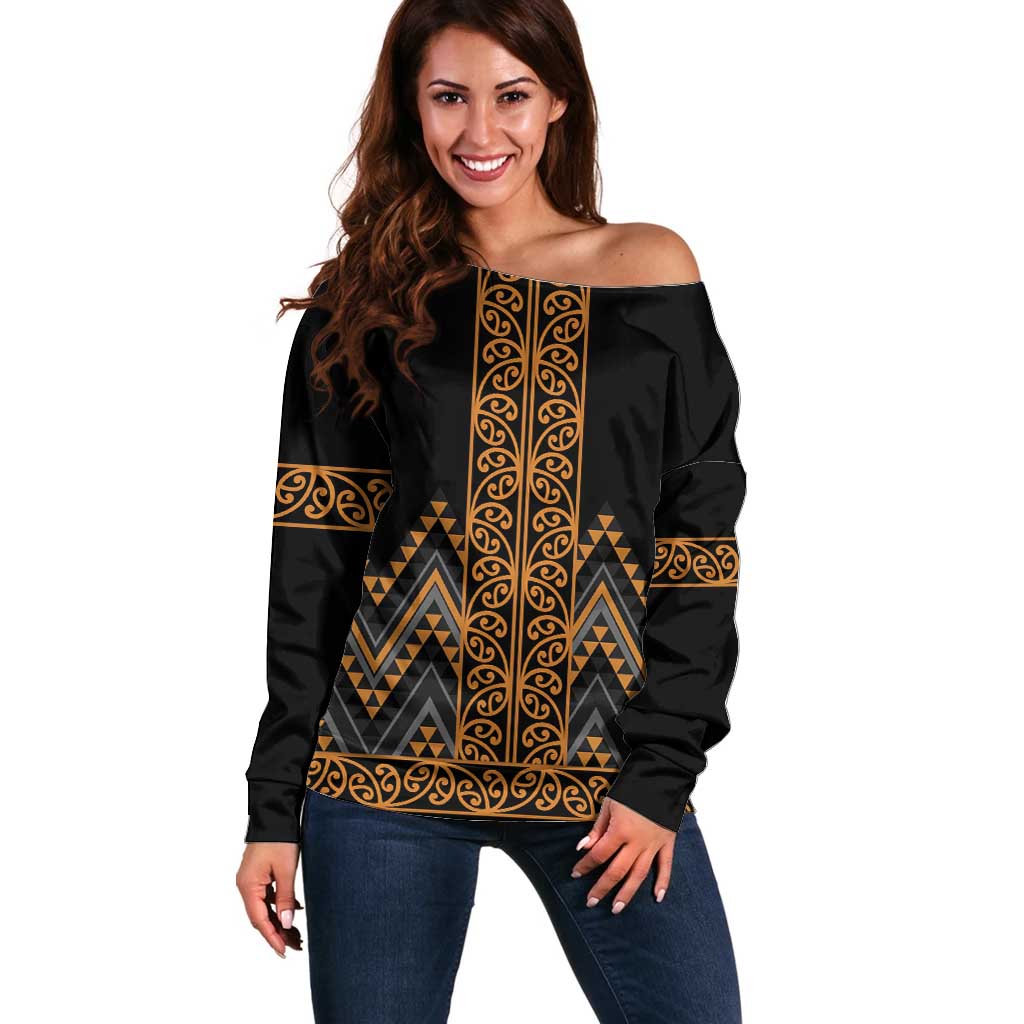 Gold Aotearoa Mangopare Kowhaiwhai and Niho Taniwha Off Shoulder Sweater Maori New Zealand