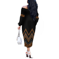 Gold Aotearoa Mangopare Kowhaiwhai and Niho Taniwha Off The Shoulder Long Sleeve Dress Maori New Zealand LT14 - Polynesian Pride