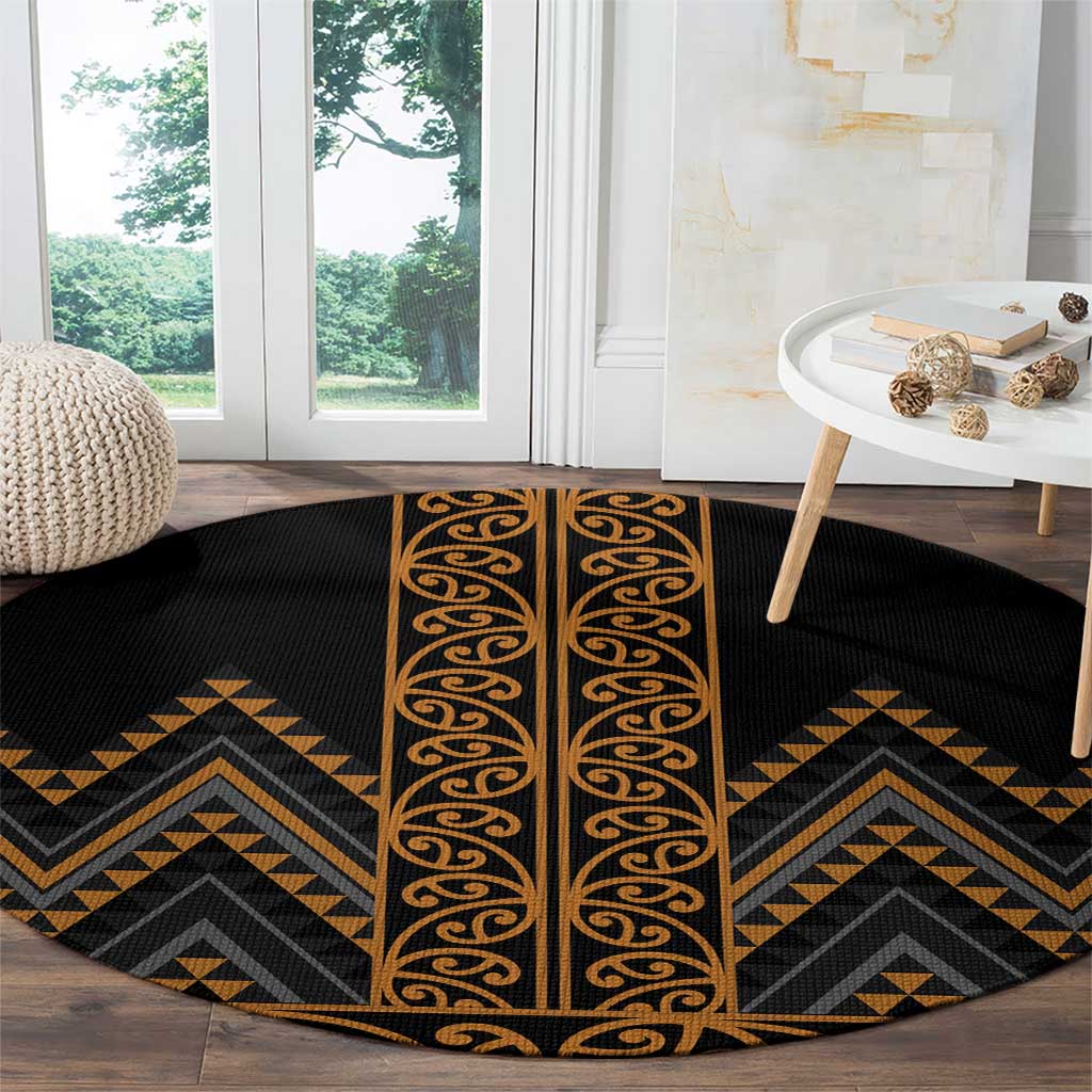 Gold Aotearoa Mangopare Kowhaiwhai and Niho Taniwha Round Carpet Maori New Zealand