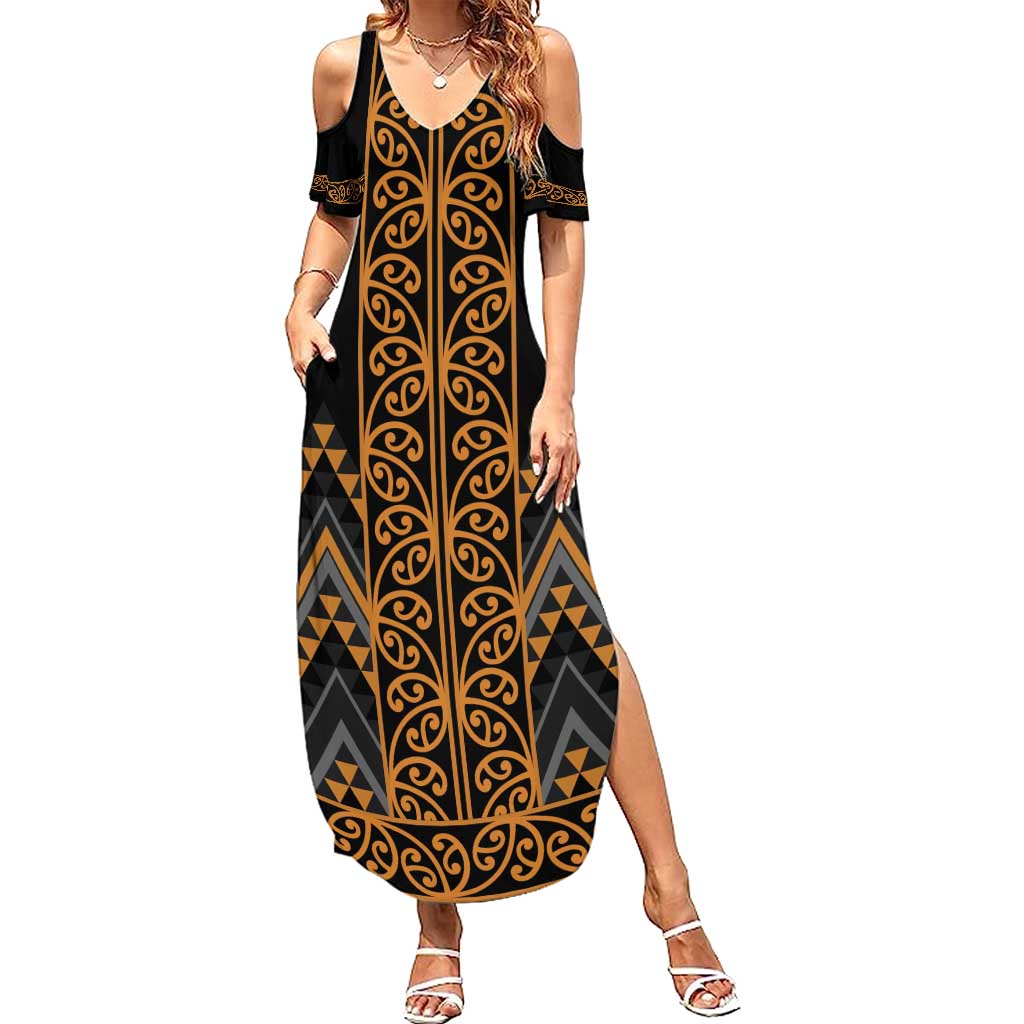 Gold Aotearoa Mangopare Kowhaiwhai and Niho Taniwha Summer Maxi Dress Maori New Zealand LT14 Women Gold - Polynesian Pride