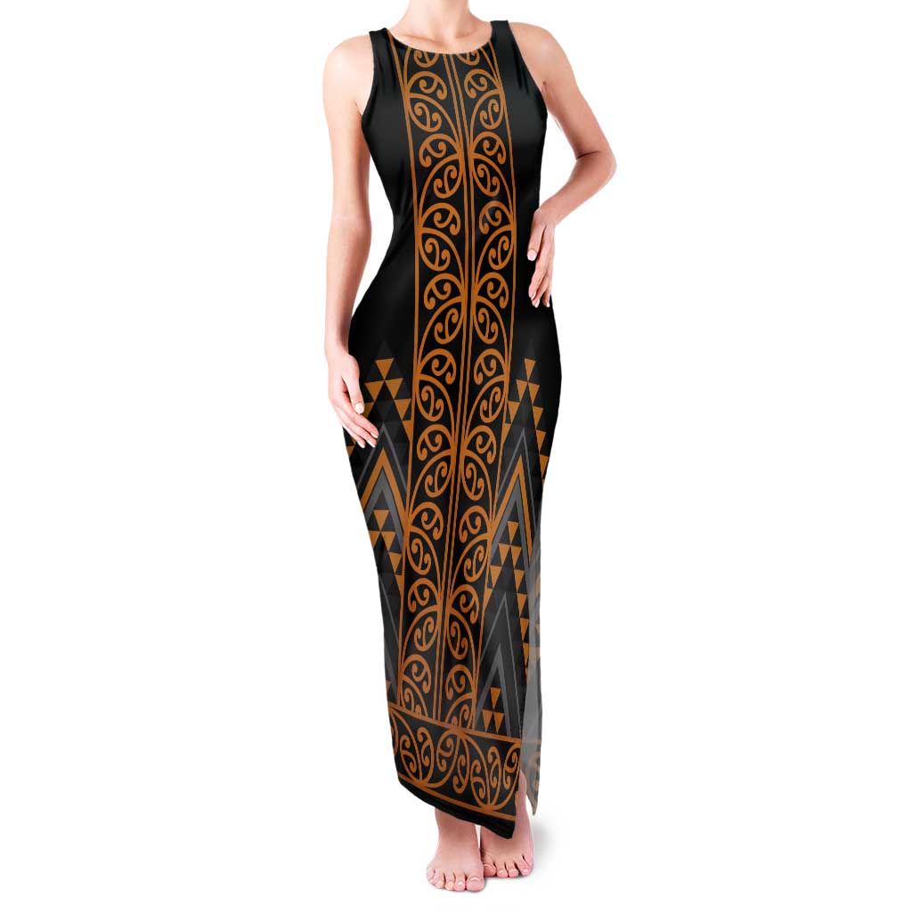 Gold Aotearoa Mangopare Kowhaiwhai and Niho Taniwha Tank Maxi Dress Maori New Zealand LT14 Women Gold - Polynesian Pride