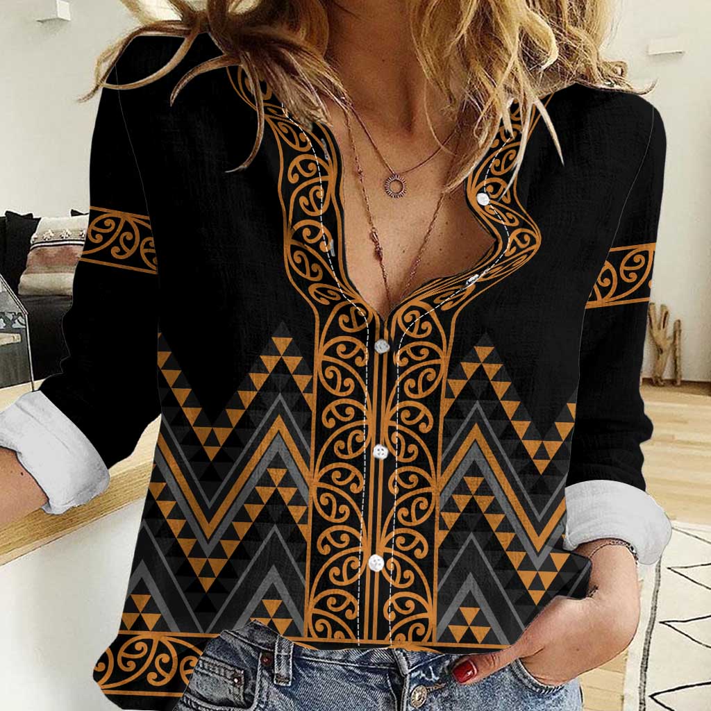 Gold Aotearoa Mangopare Kowhaiwhai and Niho Taniwha Women Casual Shirt Maori New Zealand LT14 Female Gold - Polynesian Pride