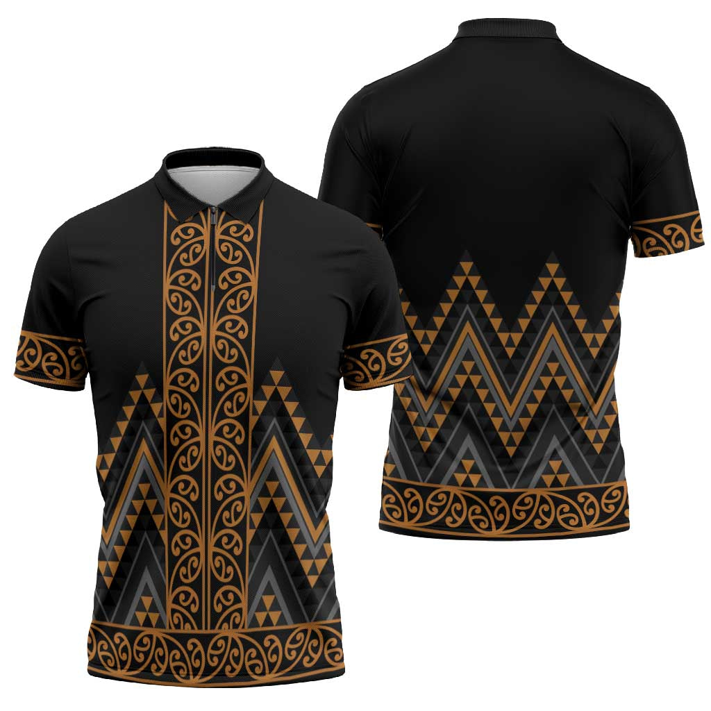 Gold Aotearoa Mangopare Kowhaiwhai Niho Taniwha Zipper Polo Shirt Maori New Zealand LT14 - Polynesian Pride