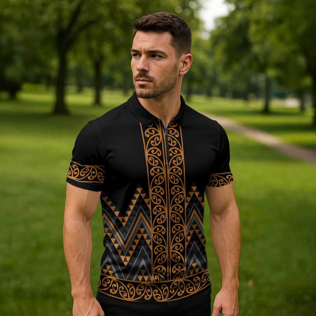 Gold Aotearoa Mangopare Kowhaiwhai Niho Taniwha Zipper Polo Shirt Maori New Zealand LT14 - Polynesian Pride