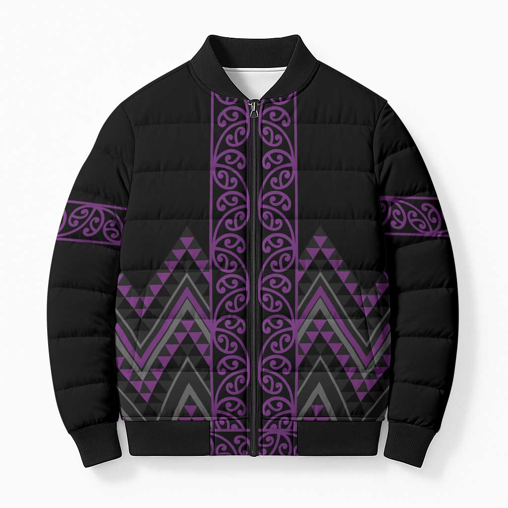 Purple Aotearoa Mangopare Kowhaiwhai Niho Taniwha Bomber Puffer Jacket Maori New Zealand - Polynesian Pride