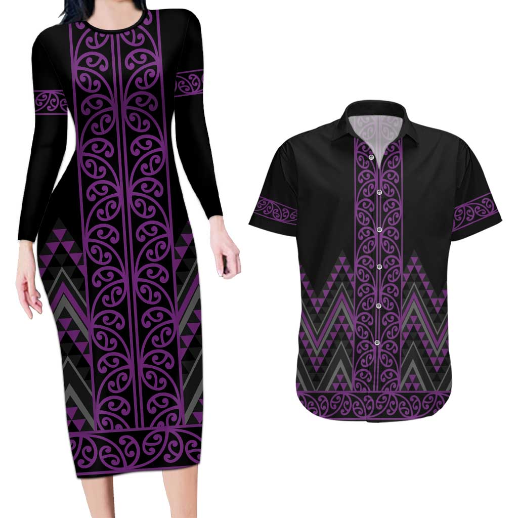 Purple Aotearoa Mangopare Kowhaiwhai and Niho Taniwha Couples Matching Long Sleeve Bodycon Dress and Hawaiian Shirt Maori New Zealand LT14 Purple - Polynesian Pride