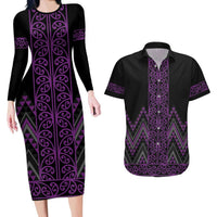 Purple Aotearoa Mangopare Kowhaiwhai and Niho Taniwha Couples Matching Long Sleeve Bodycon Dress and Hawaiian Shirt Maori New Zealand LT14 Purple - Polynesian Pride